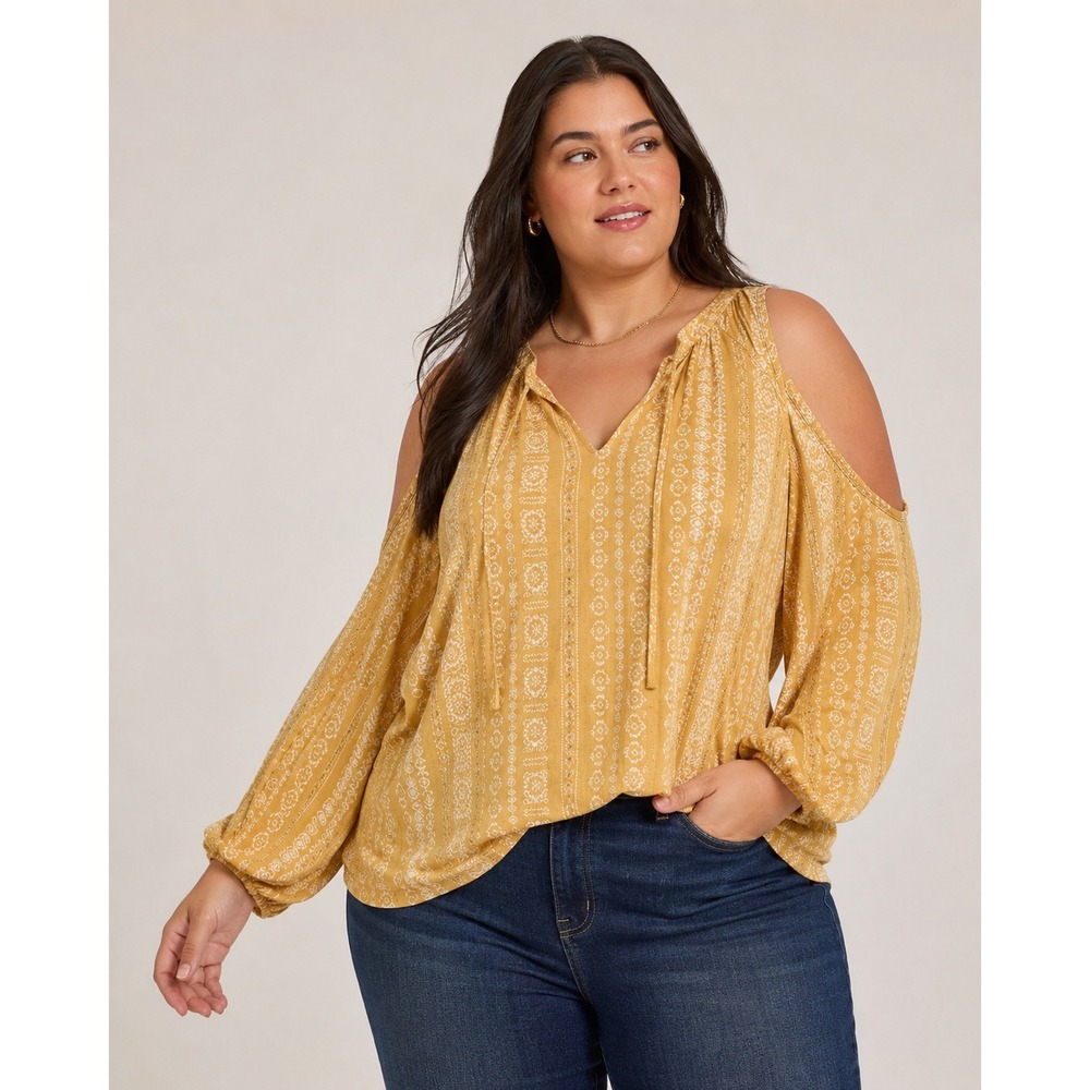 Como Blu Golden Smocktop Blouse Shirt coldshoulder cut out tunic cottage peasant